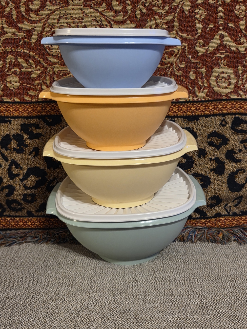 Tupperware Stackable Pastel Bowl Set with Lids - Blue, Orange, Cream, Green